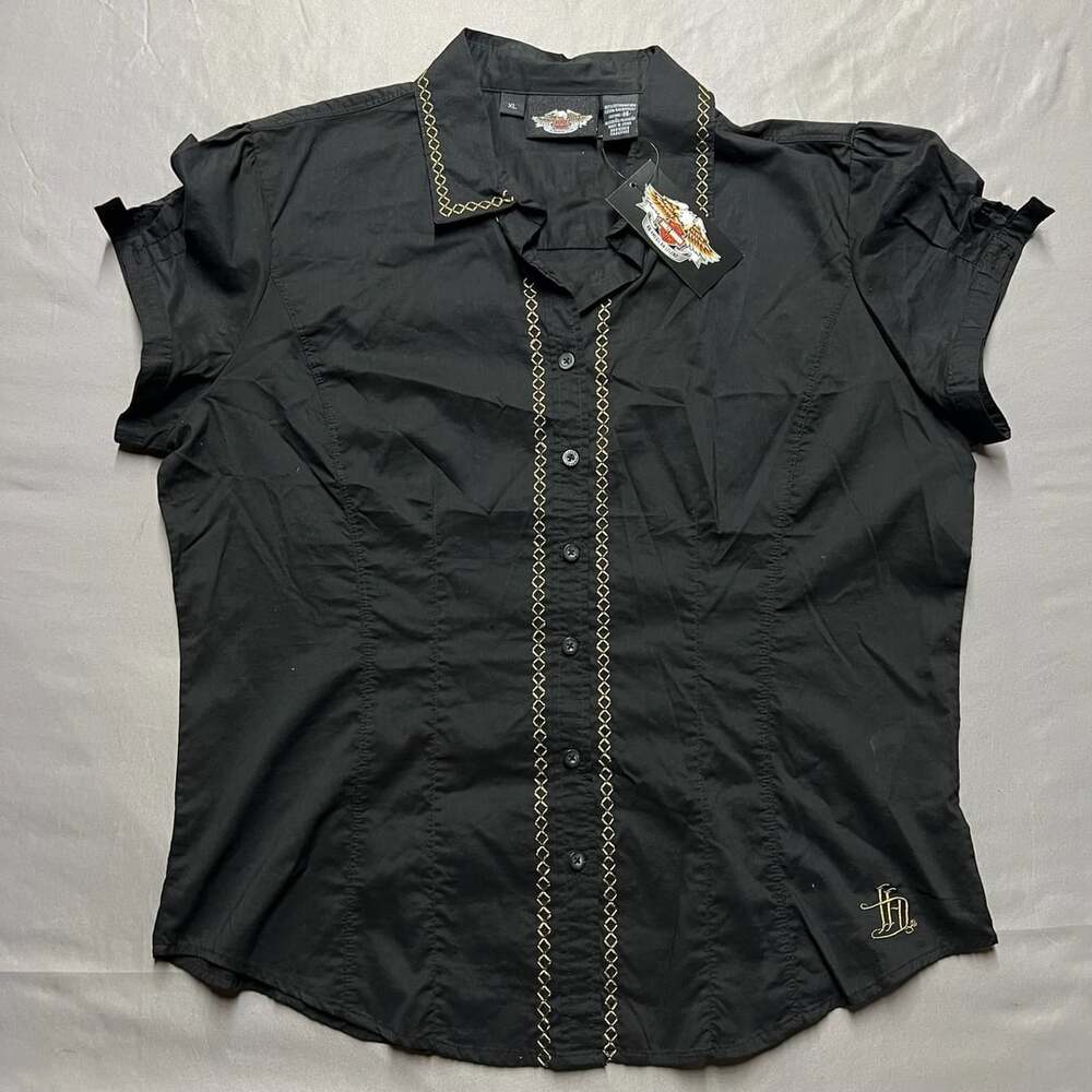 Harley Davidson Short Sleeve Button up XL Black Gold Stitching Detail